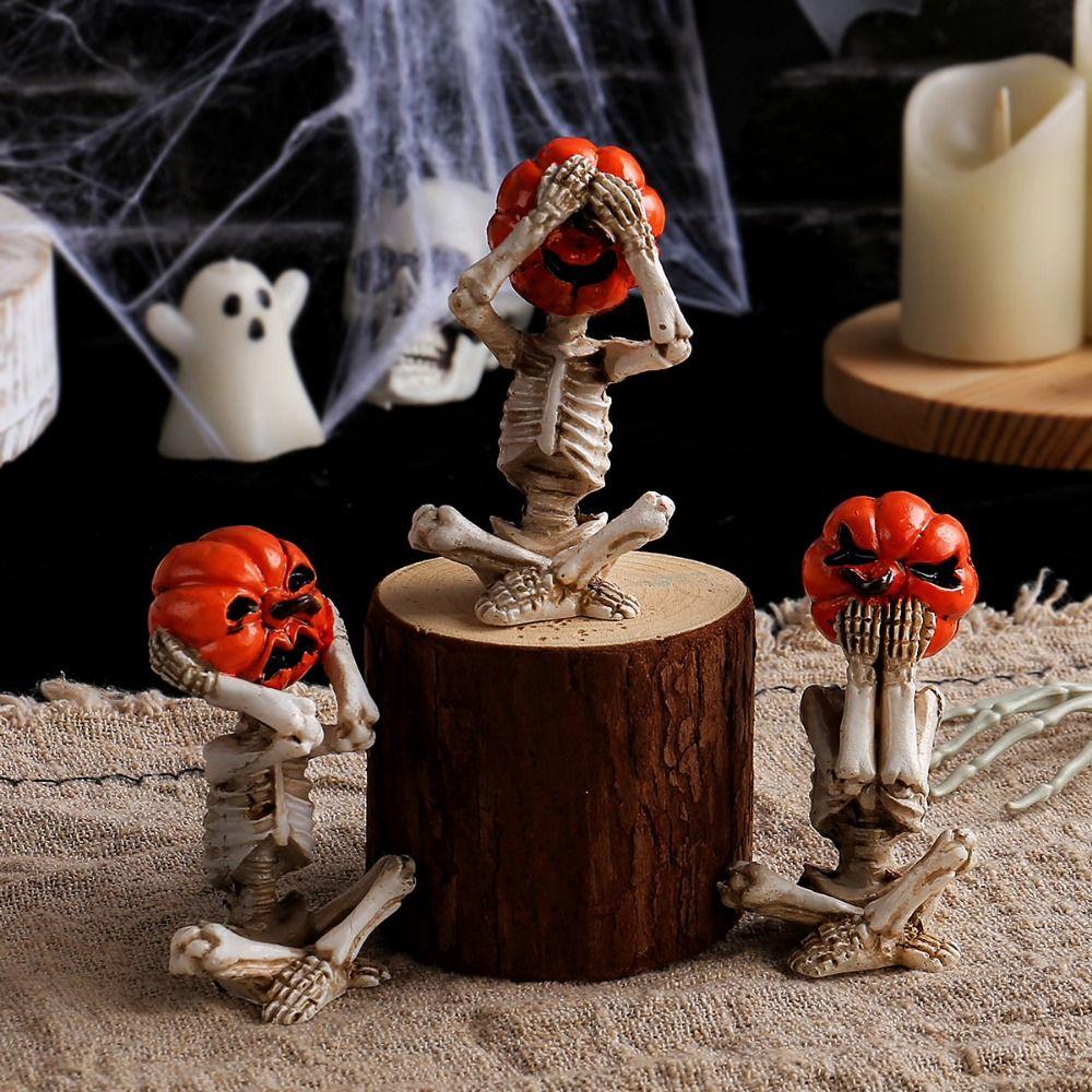3Pcs/Set Resin Craft Pumpkin Head Skull Doll Realistic Halloween Skeleton Figurines  Dead Decorative