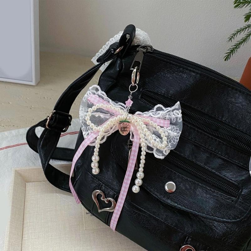 Delicate Pearls and Lace Bowknot Bag Ornament With Gingham Pattern Portable Accessory for Daily Commutes or Dates