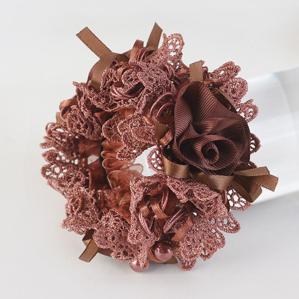 Polyester Flower Embroidered Hair Scrunchies Fabric Bow Hair Accessory Elegant Lace Hair Tie Girl