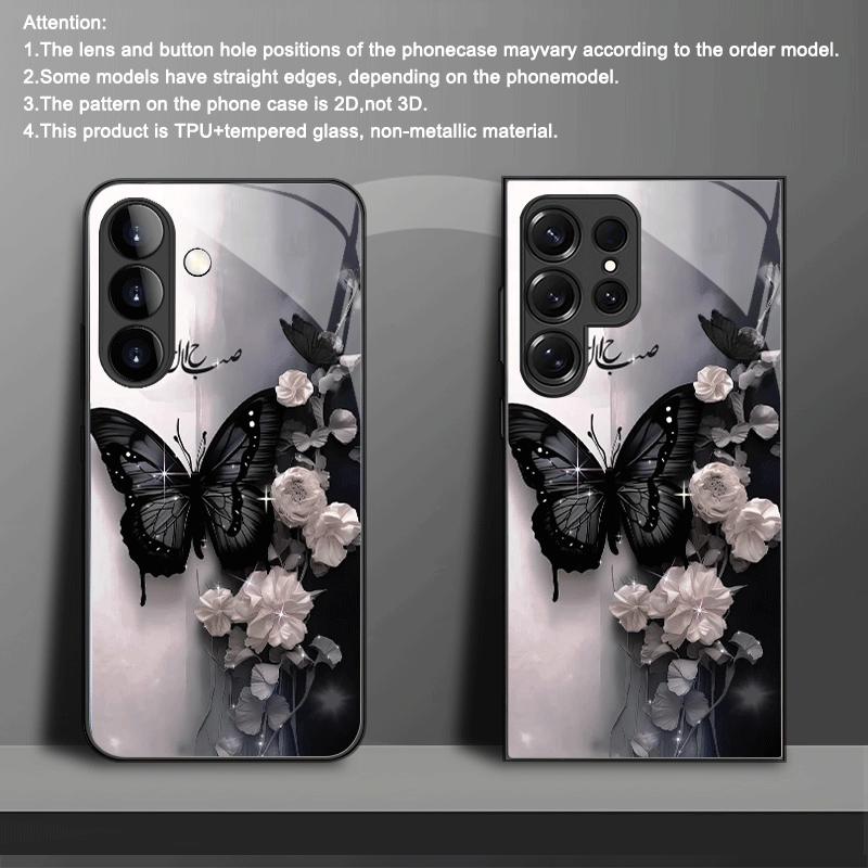 Custodia in vetro per telefono con motivo a farfalla nera adatta per Samsung Galaxy S26 S25 S24 S23 S22 S21 S20 FE/Ultra/Plus