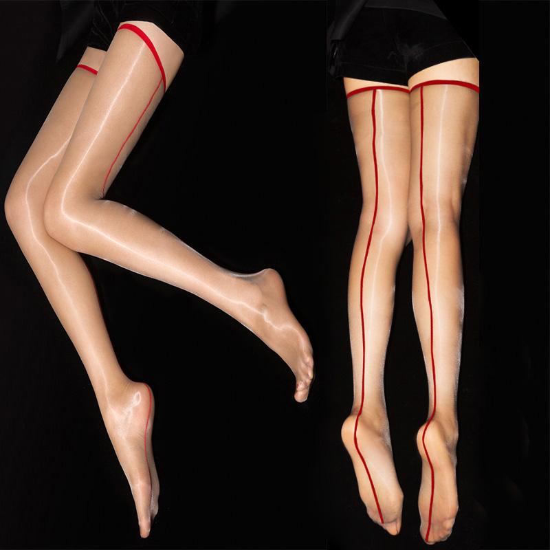 Calze Sexy Lingerie Sottili 1D Linea Posteriore Sopra il Ginocchio Calze Elastiche Donna Intimo Modellante Lucido ad Olio Colore a Contrasto