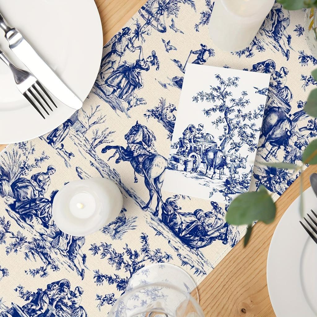 1 Piece Of French Country Style Table Flag, Rice Bottom Blue Painted Retro Pastoral Character Scene Pattern, Suitable For French Restaurants, Retro B&