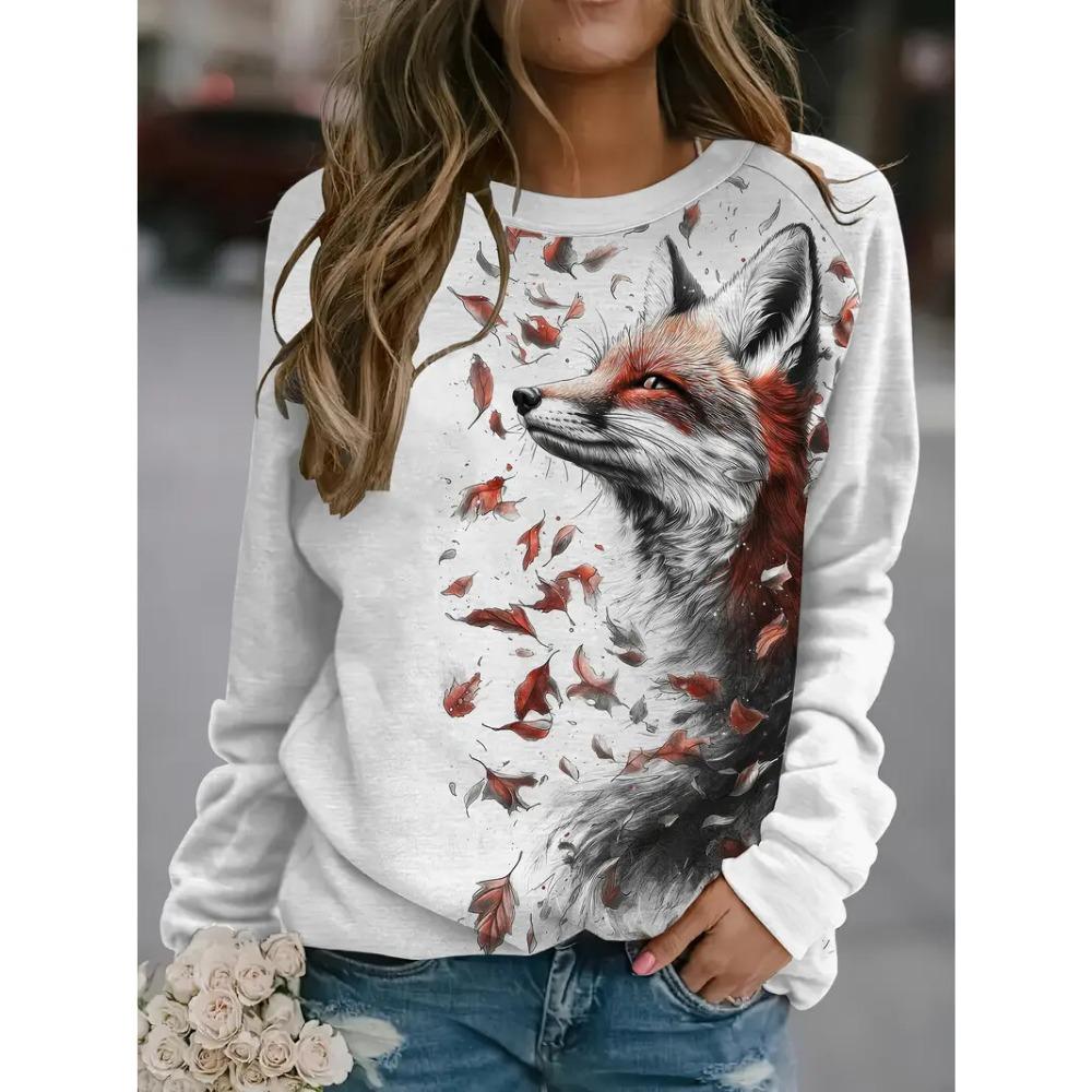 Women's T-Shirt Casual Long Sleeve Animal Pattern Print Street Crew Neck Female Oversized Clothing