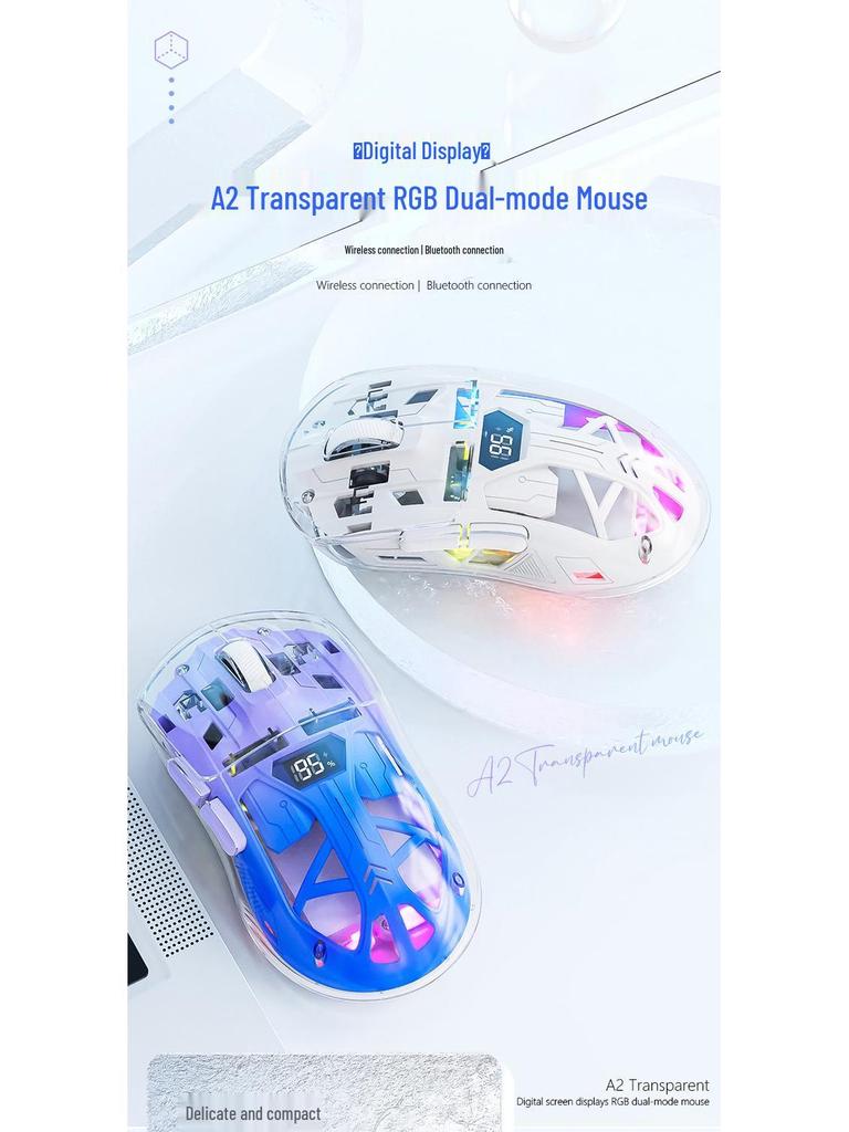 Free Wolf A2 Dual-Mode RGB Wireless Bluetooth Transparent Gaming Mouse