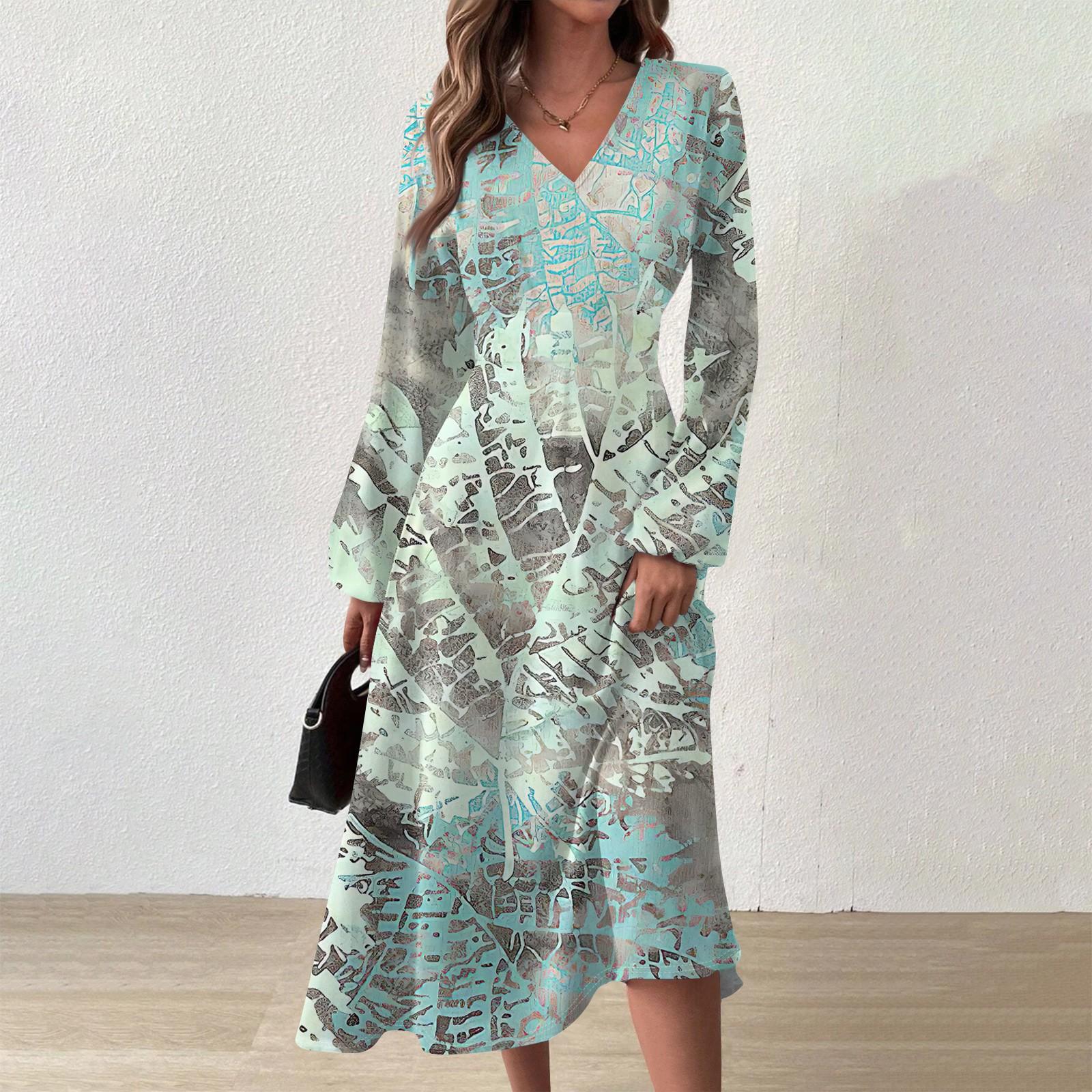 Women s  And Winter Casual Fashion V-neck Long Sleeve  Print Long Dress XXL