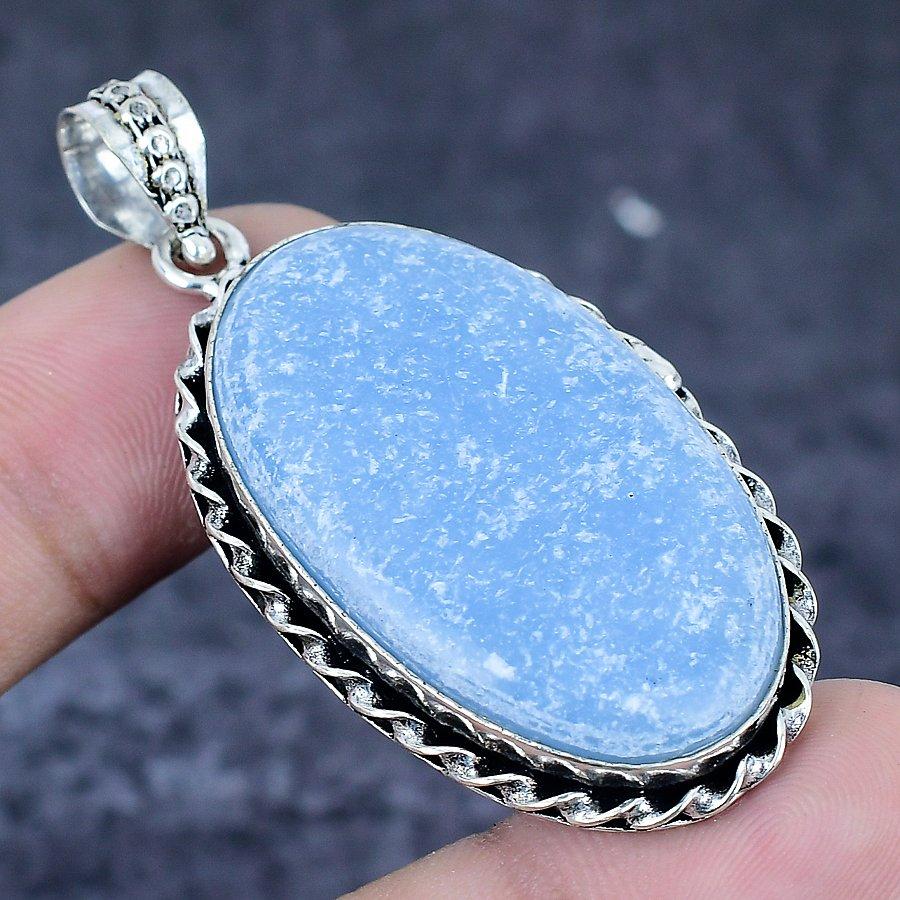 Natural Angelite Stone Gemstone 925 Sterling Silver Jewelry Pendant 2.17" F6q36