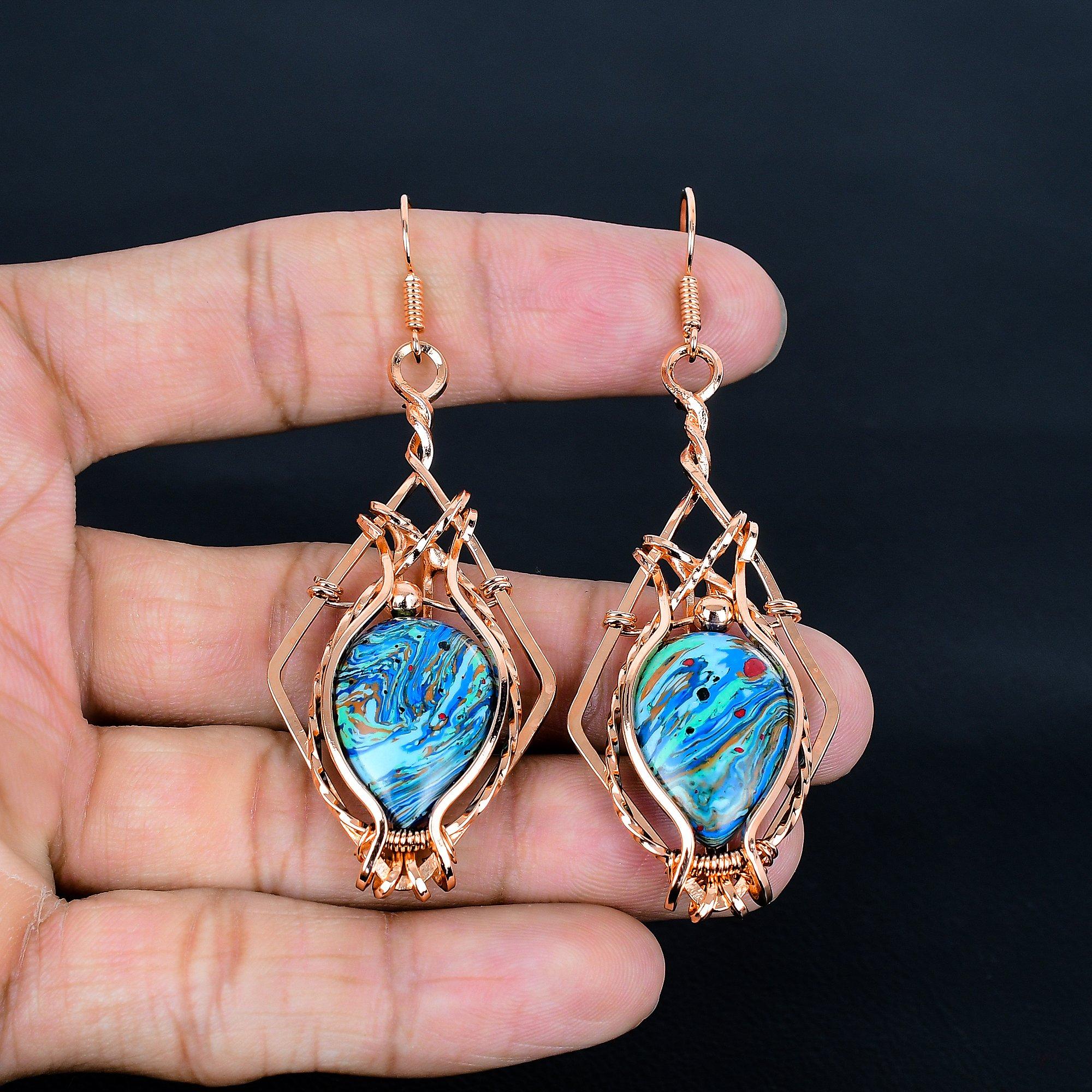 

Серьги из радужного кальсиликата, обернутые медной проволокой 999 пробы, серьги с драгоценными камнями ручной работы ко Дню памяти 2.55 inches