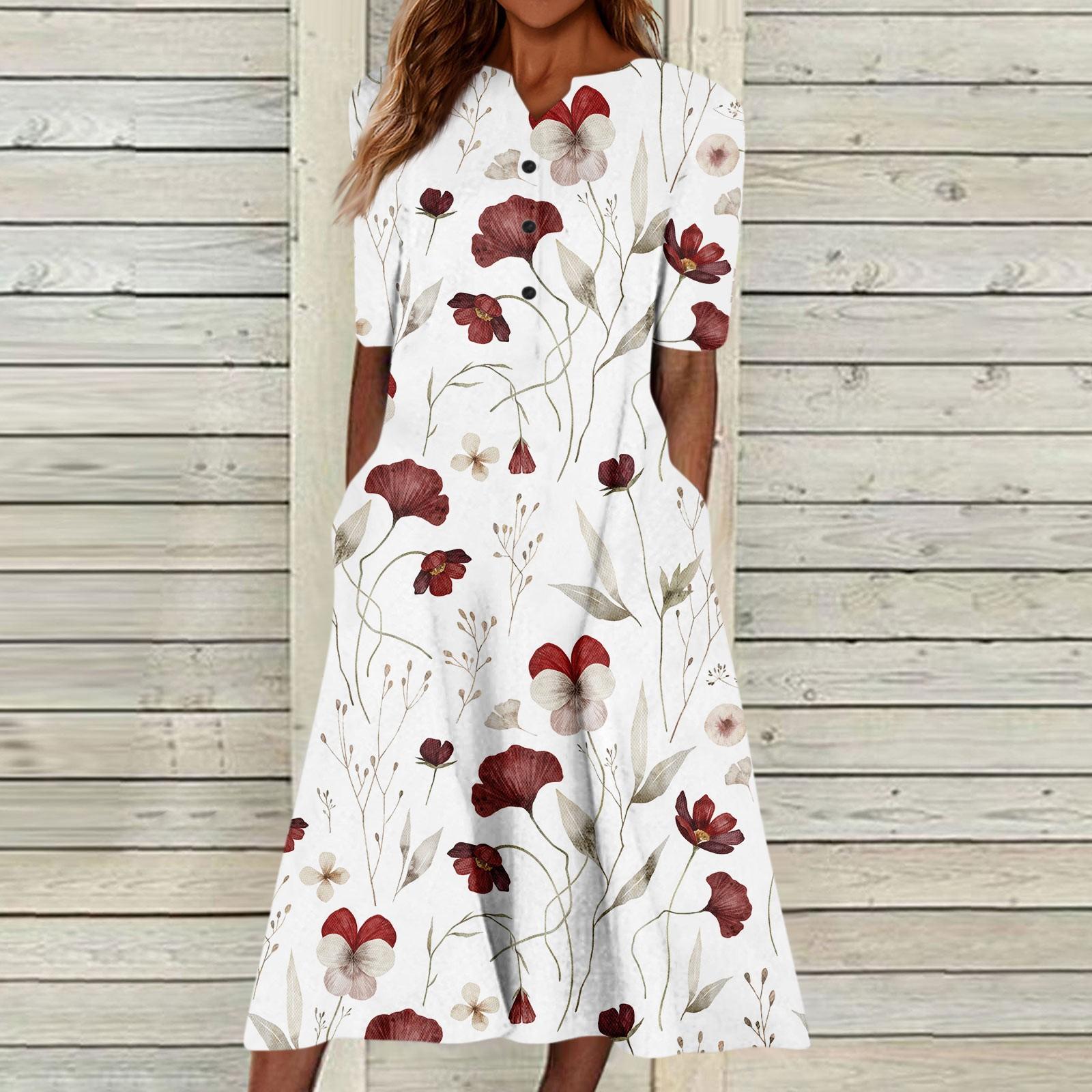 

Літня сукня для жінок, повсякденне пляжне плаття-гойдалка з V-подібним вирізом і короткими рукавами, ґудзиками та квітковим принтом XL винний