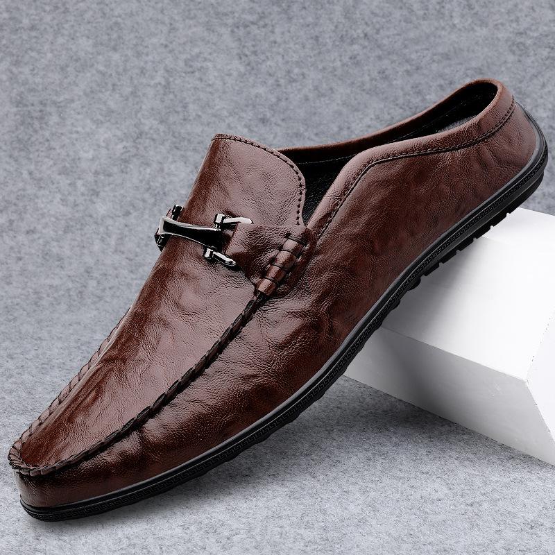 Half-drag casual men's casual shoes service men's casual leather shoes fashion soft sole one pedal lazy black