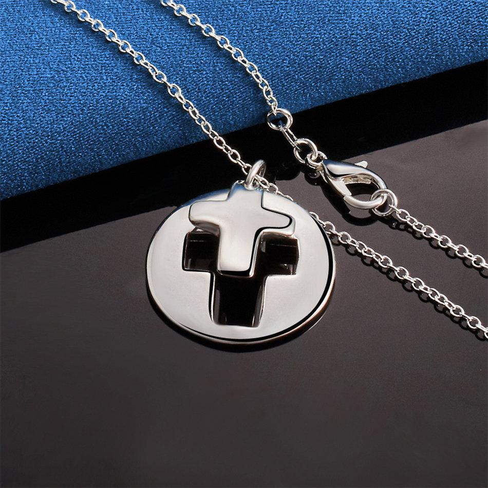 925 Sterling Silver 16-30 Inch Exquisite Round Cross Pendant Necklace, Women's Charm, Wedding Jewelry Accessories, Gifts