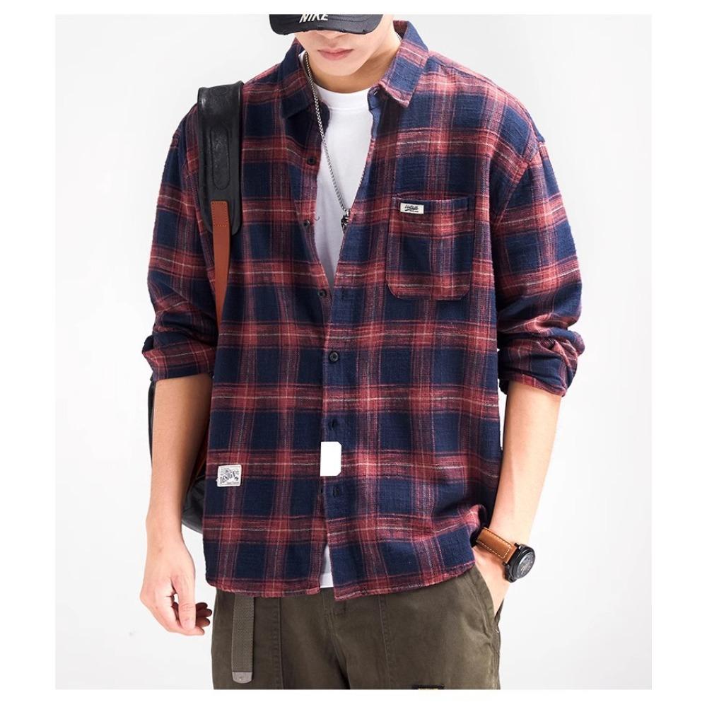 Men’s Japanese-style Retro High-street Checked Shirt: Long-sleeved, Collared, Loose-fit Jacket