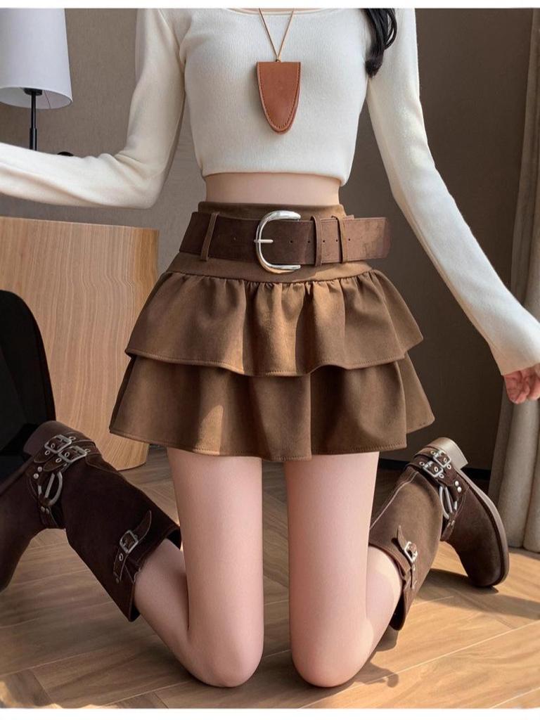Air Layer Suede Plush High Waist Petite Slimming A-Line Skirt - 2025 Autumn/Winter Collection