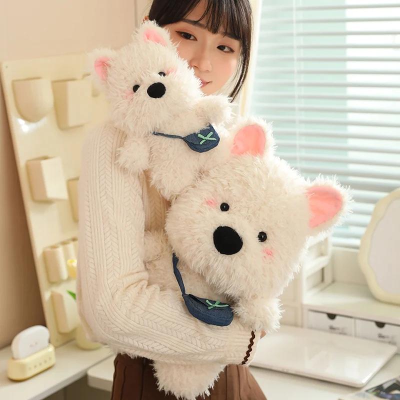 New 22-45cm White Dog Satchel With Long Hair Super Soft Dolls Cartoon Toys Kawaii Animals Baby Comfort Girls Boys Birthday Gifts