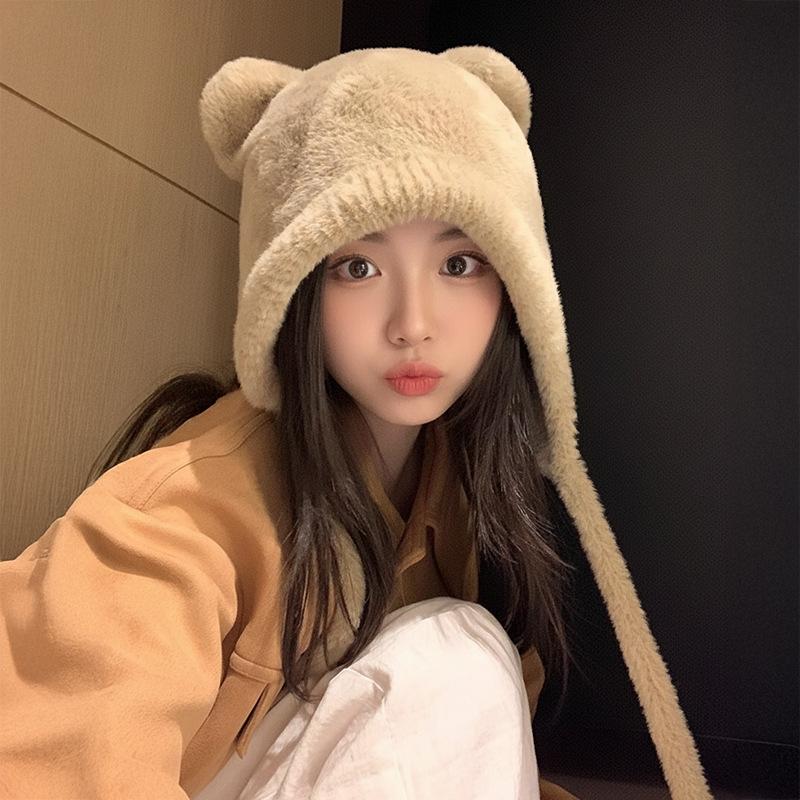 Sweet and cute plush bear hat women's 2025 new thickened warm ear protectors show face small bag head cold hat