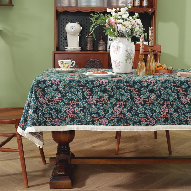 Retro Polyester Cotton Color Woven Jacquard Plant Fan-Shaped Flower Fringed Tablecloth Rectangular Coffee Table Tablecloth Dining Table Cloth