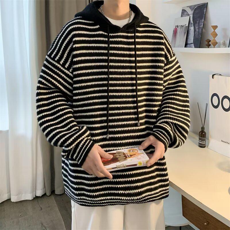 Men s Retro Striped Hooded Sweater - Versatile Autumn/Winter Casual Top Jacket M