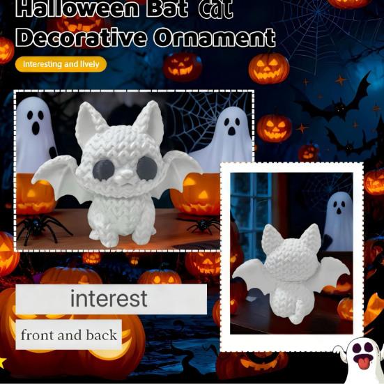 Festive Halloween Ornament, Knitted Texture Bat Cat Design Figure, Mini Size Sculpture for Party Desk Shelf Decor