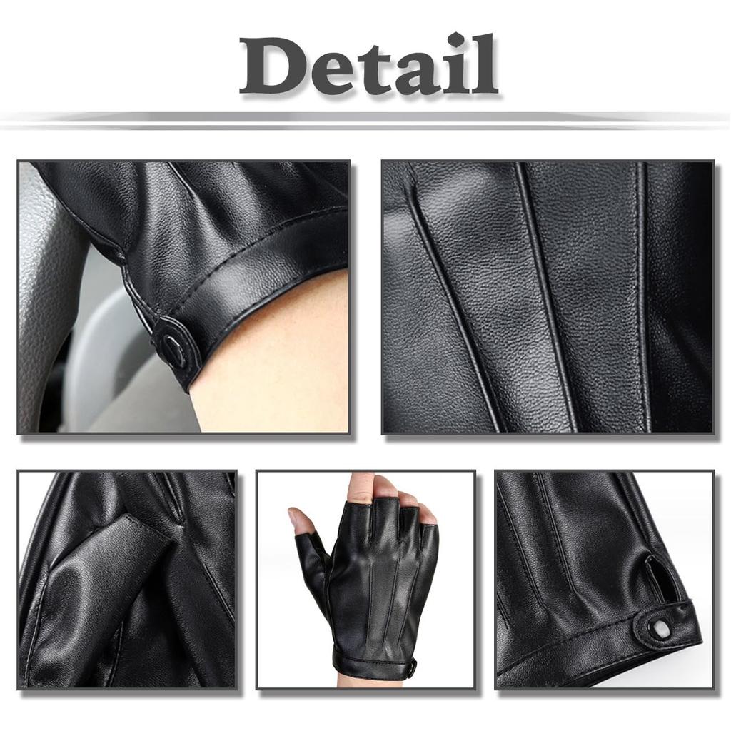 White Fang NT148 Fingerless Gloves, Simple, Solid Leather, Stylish Rock Style for Men (Black)
