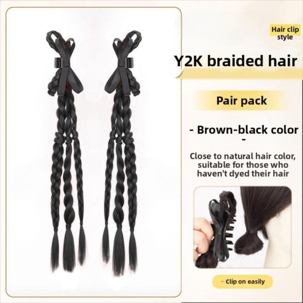 2pcs Sweet Twist Braid Hairpiece Handmade Girls Bow Wig Hairbands  for Women