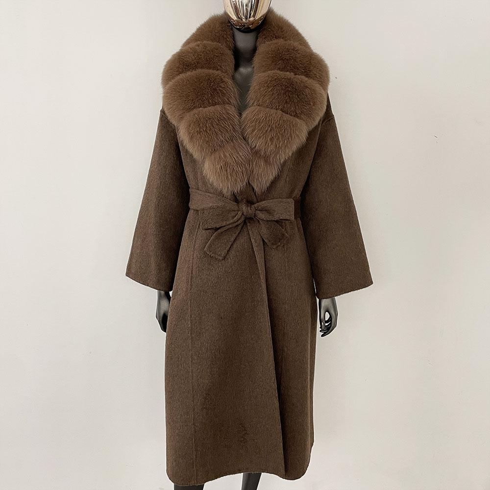 OFTBUY Kabát z pravé kožešiny 2024 Nadměrný dámský svrchní oděv Zimní dámská bunda s límcem z přírodní liščí kožešiny Kapuce Kašmírová vlněná směs Kabát