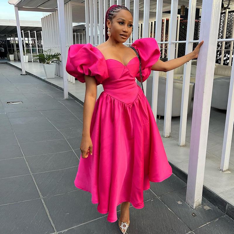 

Весна 2024 года, квадратный вырез, рукава-фонарики, однотонное платье миди для женщин 2XL розовый