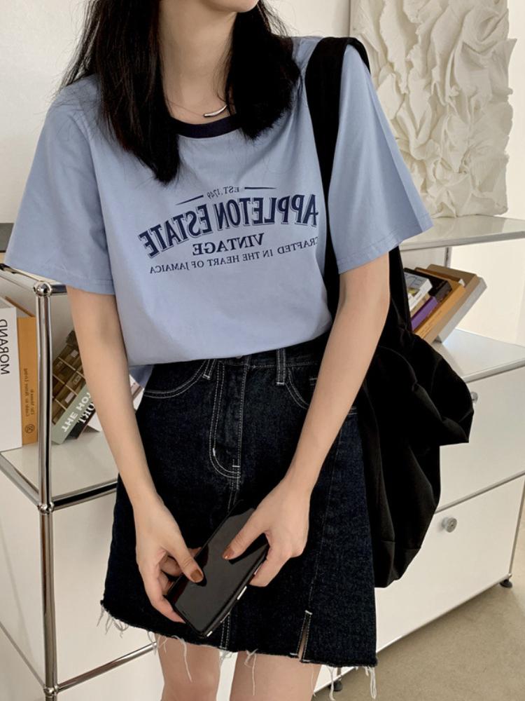 O-Neck Retro Print Tshirt Women Short Sleeve Tee Casual Tank Tops Color-Blocking Crop Top Ladies Summer T Shirt Y2k Streetwear