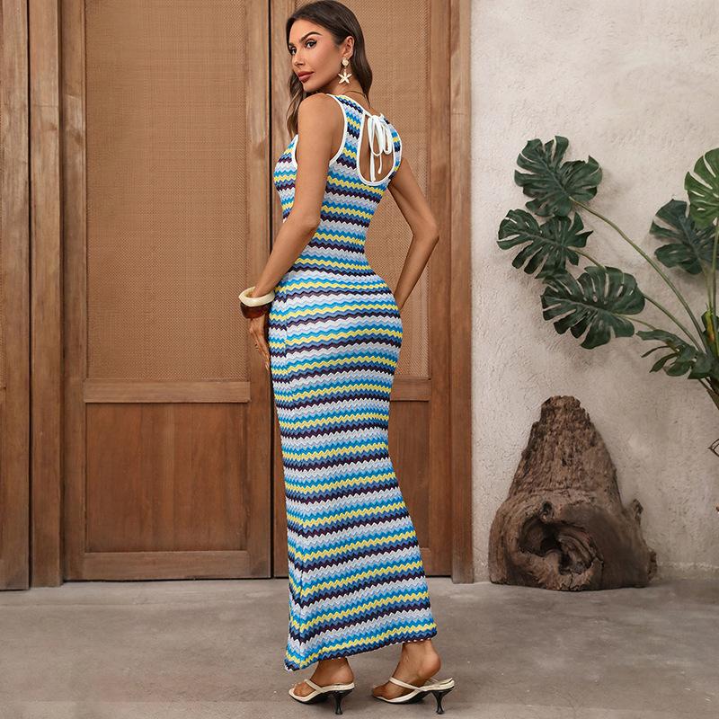 Women's Chevron Striped Maxi Dress Sleeveless Bodycon Boho Tank Dresses for Summer Vacation Cruise Resort Wear