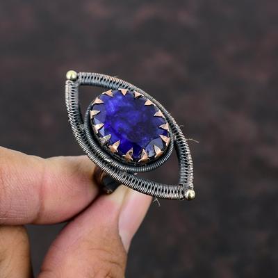 Anillo de zafiro azul facetado, anillo envuelto en alambre de cobre, anillo ajustable, joyería de piedras preciosas de cobre, anillo hecho a mano, joyería envuelta en alambre, regalo de aniversario