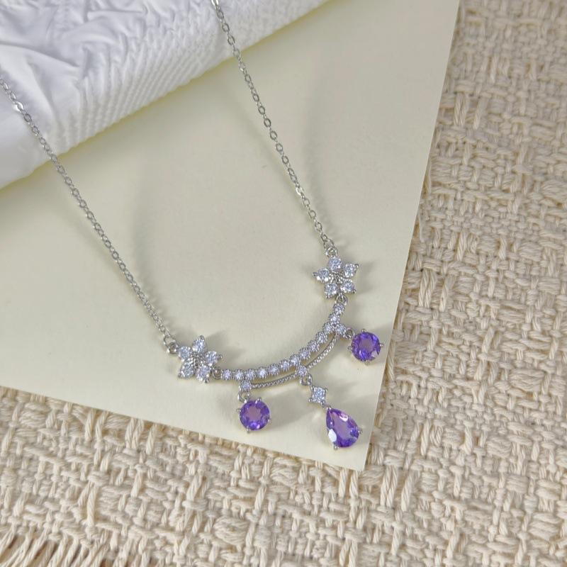 Women 925 Sterling Silver Necklace Natural Crystal Pendant Cross Chain Choker Jewelry 925 silver