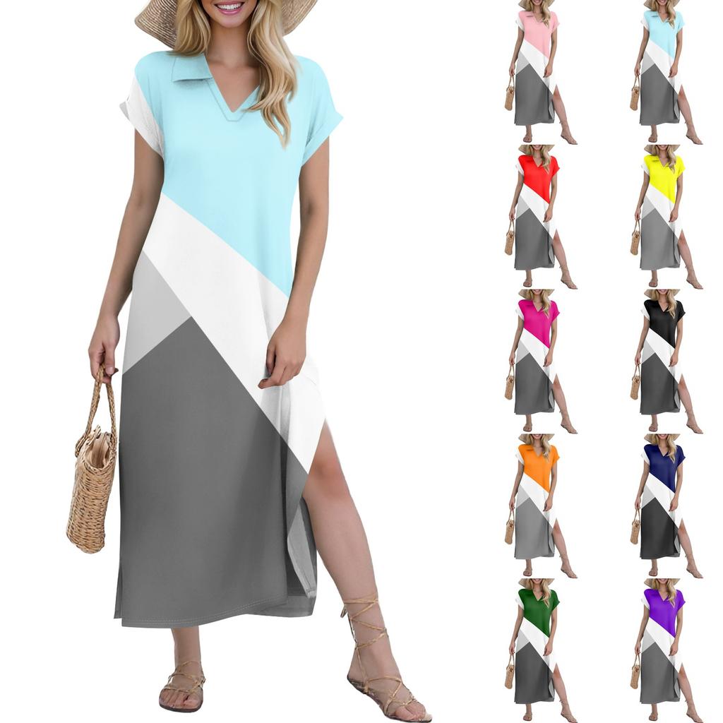 Women's Casual Comfortable V Neck Loose Hem Split Vacation Short Sleeve Geometric Long Dresses