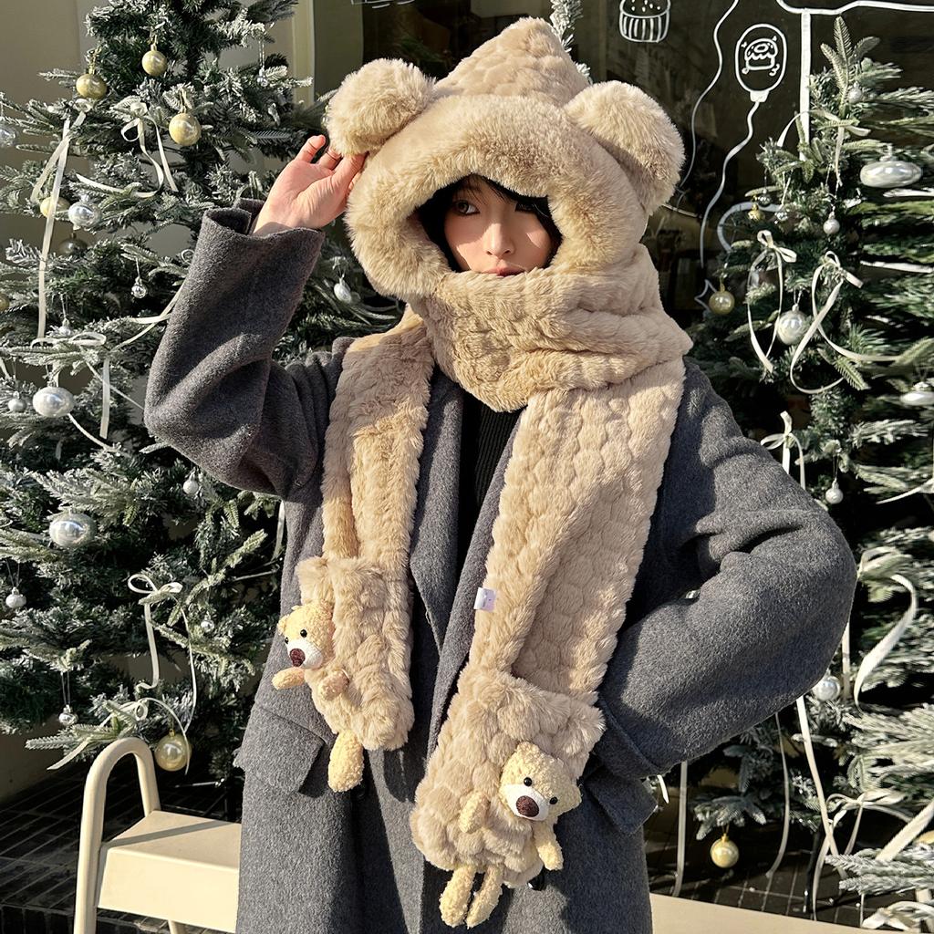 Plush hat autumn and winter women's double-layer thickened windproof and warm cute bear scarf and gloves integrated WJ