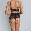 Women’s Sexy Black Lace Lingerie Set, Strappy Push-Up Bra with High-Waist Open-Crotch Panty, 2-Piece Intimate Wear