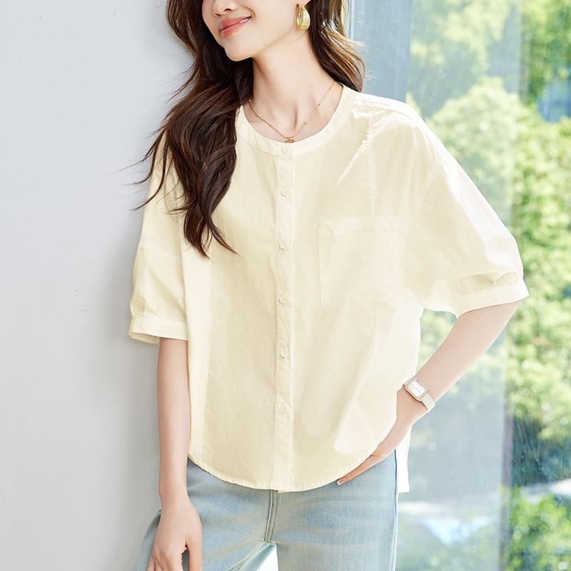 White Shirt for Women's Short-sleeved Summer New Loose Slimming Top Korean Round Neck Pure Cotton Shirt