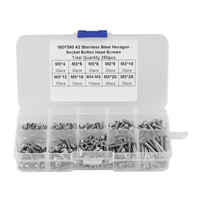 280pcs M3*4 5 6 8 10 12 16 20 25 Button Head Hex Socket Screws Nuts with Plastic Case