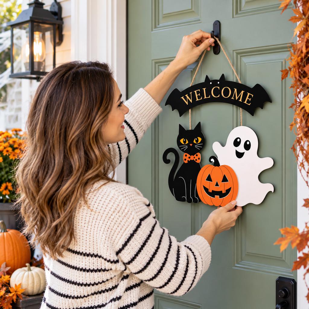 Halloween Hanging Sign for Porch Entryway - Outdoor Fall Decor for Patio and Yard