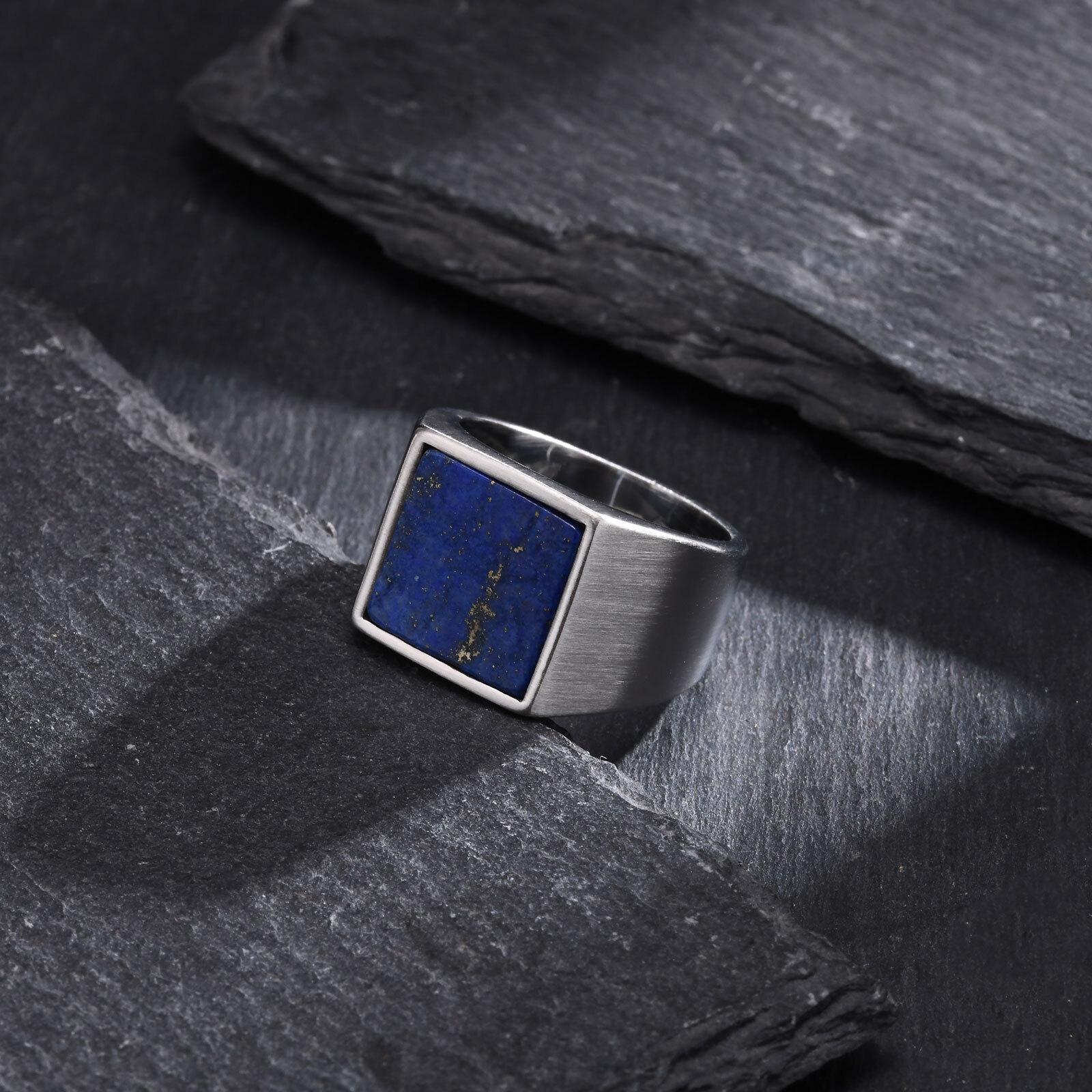 

Кольцо с синим природным камнем для мужчин и мальчиков, квадратное кольцо из нержавеющей стали серебристого цвета, кольцо на большой палец, мужские ювелирные изделия, подарки 12