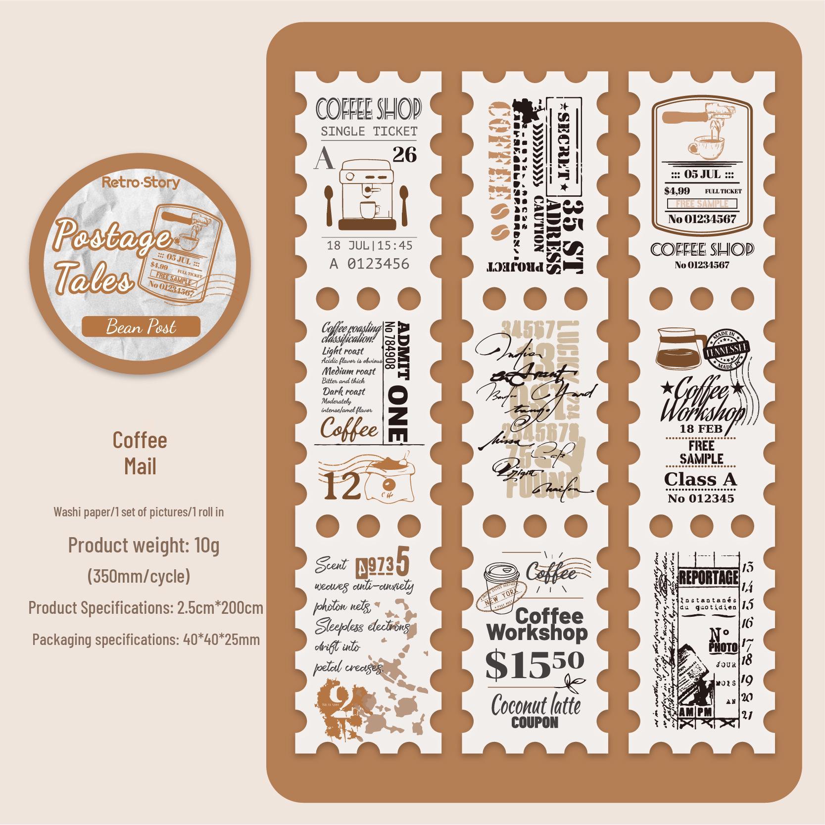 Retro Story Vintage Postmark Illustration Washi Tape Set - English Text Decoration (6 Designs)