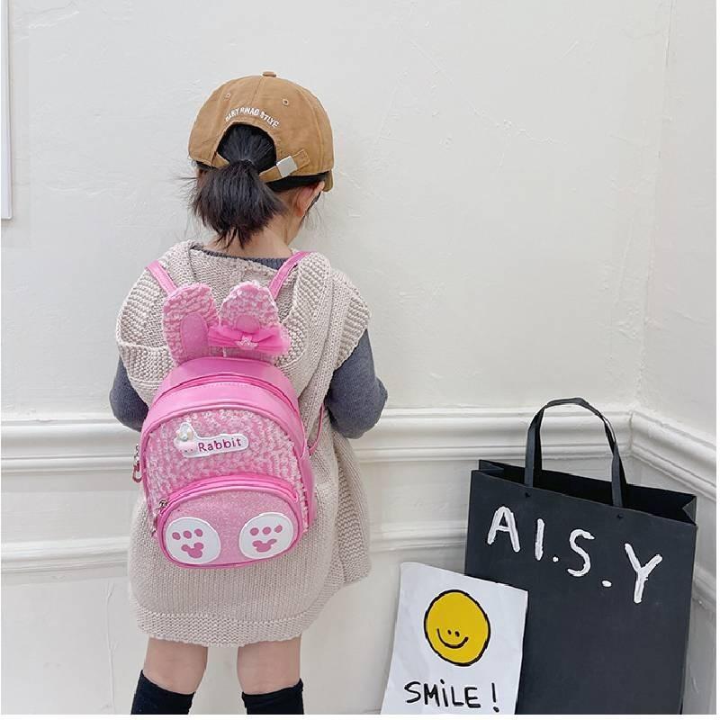 Adorable Bunny Ear Cartoon Kids Backpack Stylish Korean Design Sequin Pu Material