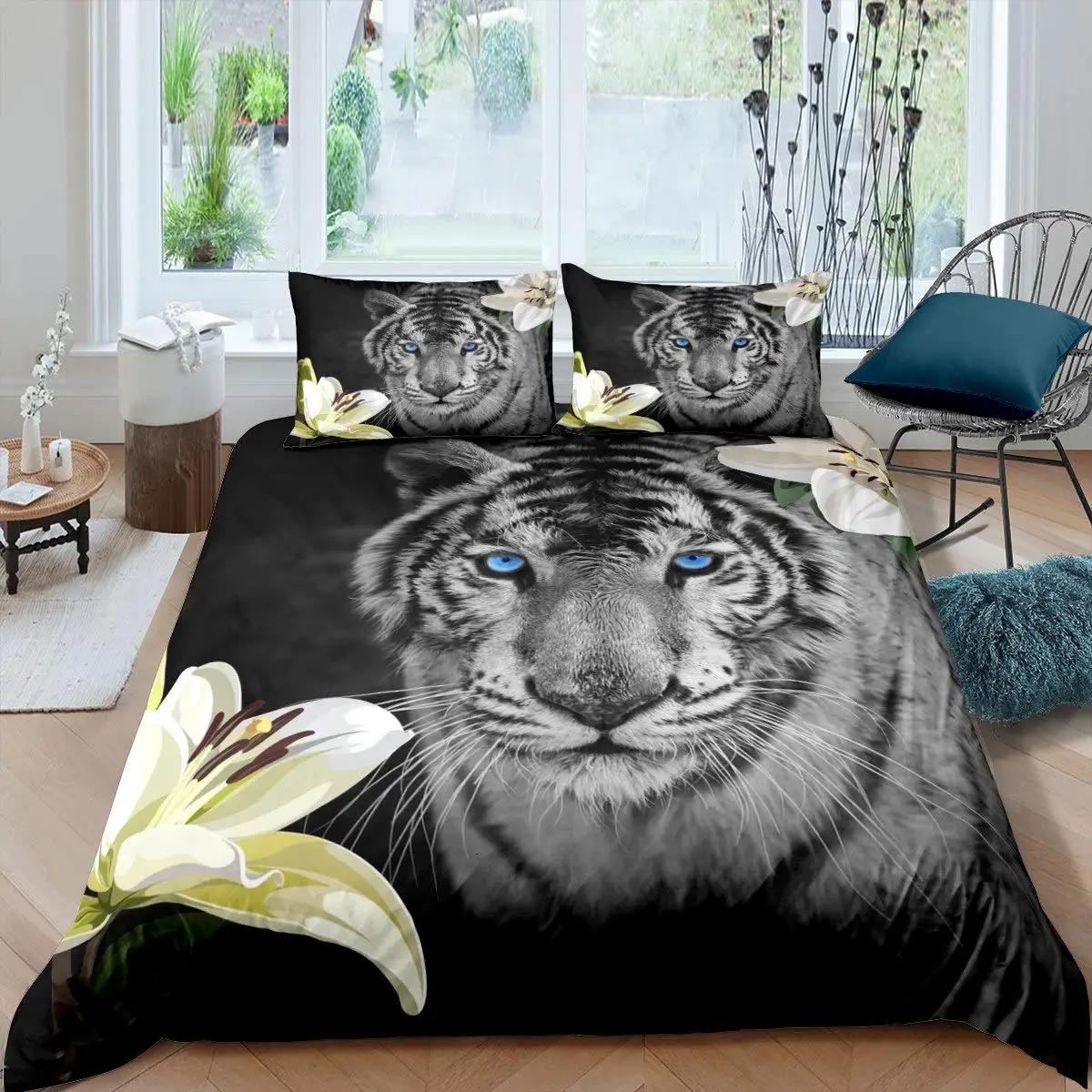 Tiger Comforter Cover Set 3D Tiger Lying on The Stump Pattern Duvet Cover with Zipper Ties Wild Animal Theme Bedding Set for Kid US Twin(172x218cm)