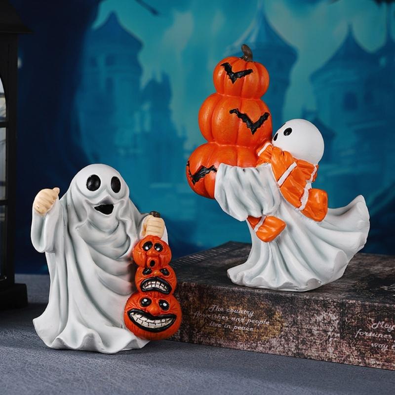 Halloween Ghostly Holding Black Cats Pumpkin Figurine Resins Miniature Sculpture Festives Living Room Table Shelf Decors