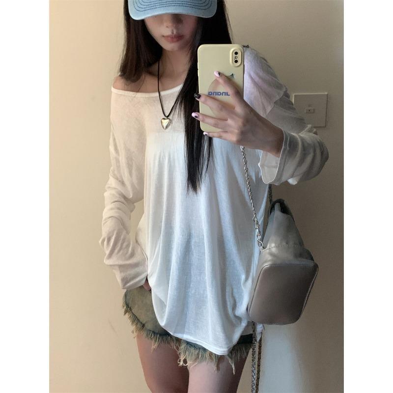 Loose Fit Off Shoulder Beach Cover Up Summer Women Sun Protection Shirt Cardigan Long Sleeve T-shirts Solid Color Loose Blouse Basic Sexy Clothing