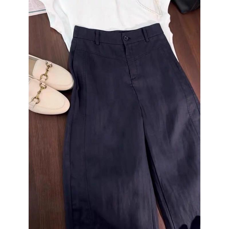 Women s High-Waisted Casual Dark Blue Ice Silk Wide-Leg Pants S