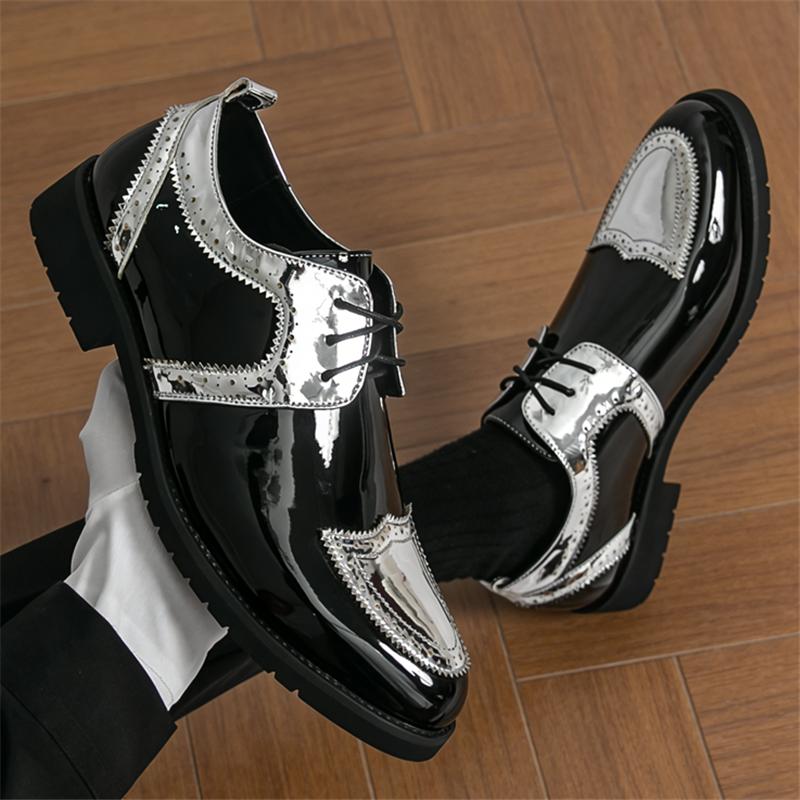 Luxury New Designer Men's Gold Silve Mixed Color Lace Up Fashion Patent Leather Shoes Formal Wedding Dress Homecoming Footwear