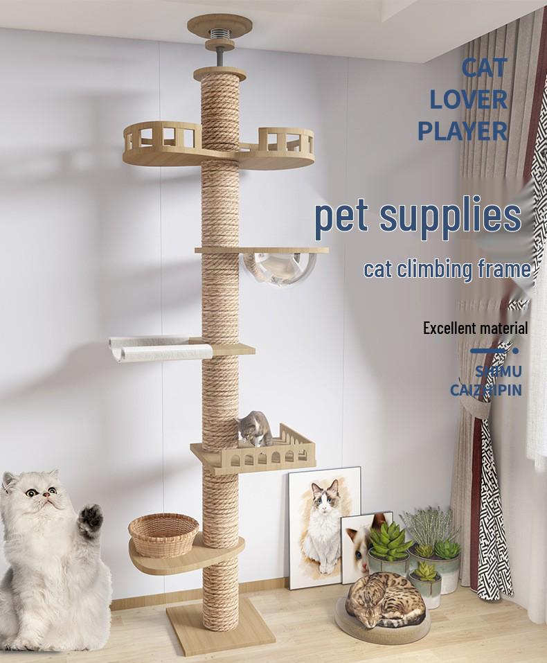 Space-Saving Solid Wood Cat Tree Tower: Climbing Frame, Bed, and Jumping Platform for Small Apartments