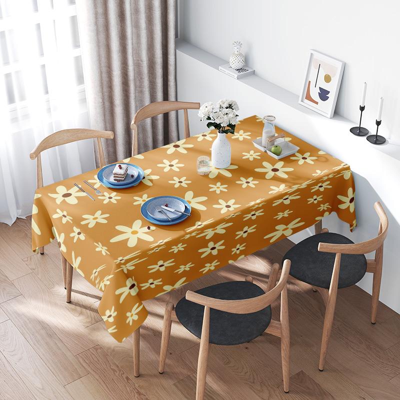 Floral Print Tablecloth Rustic Home Decor Washable Polyester Dining Cover Yellow White Flower Design for Kitchen Decoration