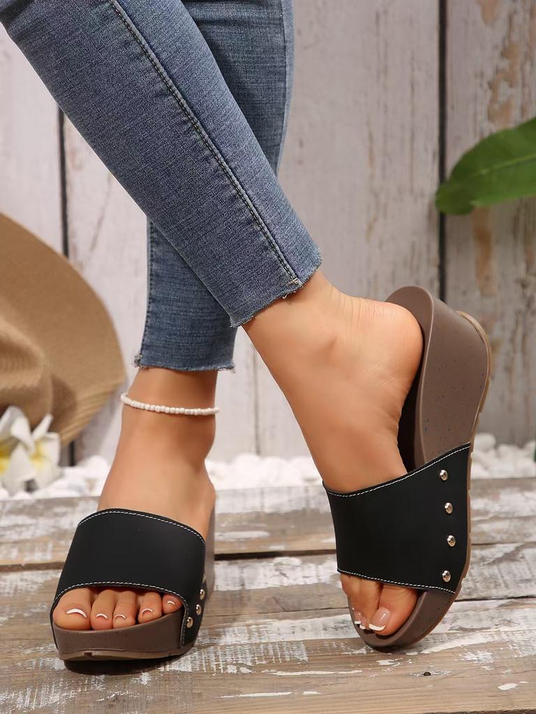 2025 Summer Large Size New Large Size Women's Shoes European and American One-word with Light Slippers Thick-soled Wedge Heel Muffin Sandals
