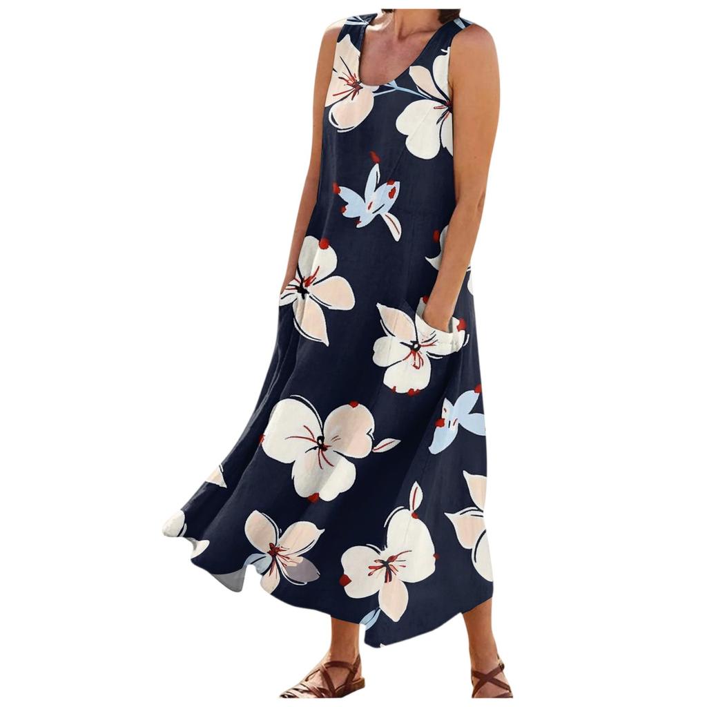 Women's Fashion Summer Casual Sleeveless Floral Printed Small Pocket Dresses