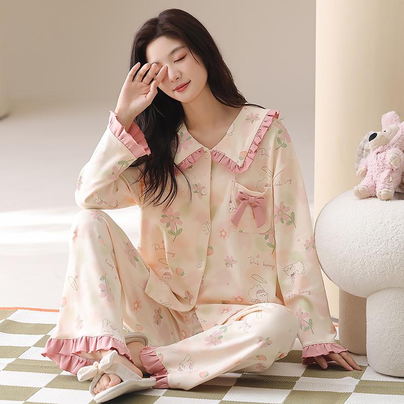 Women's Pure Cotton Pajama Set - Cute Princess Style, Long Sleeve Cardigan, Plus Size, Spring/Fall/Winter Home Wear