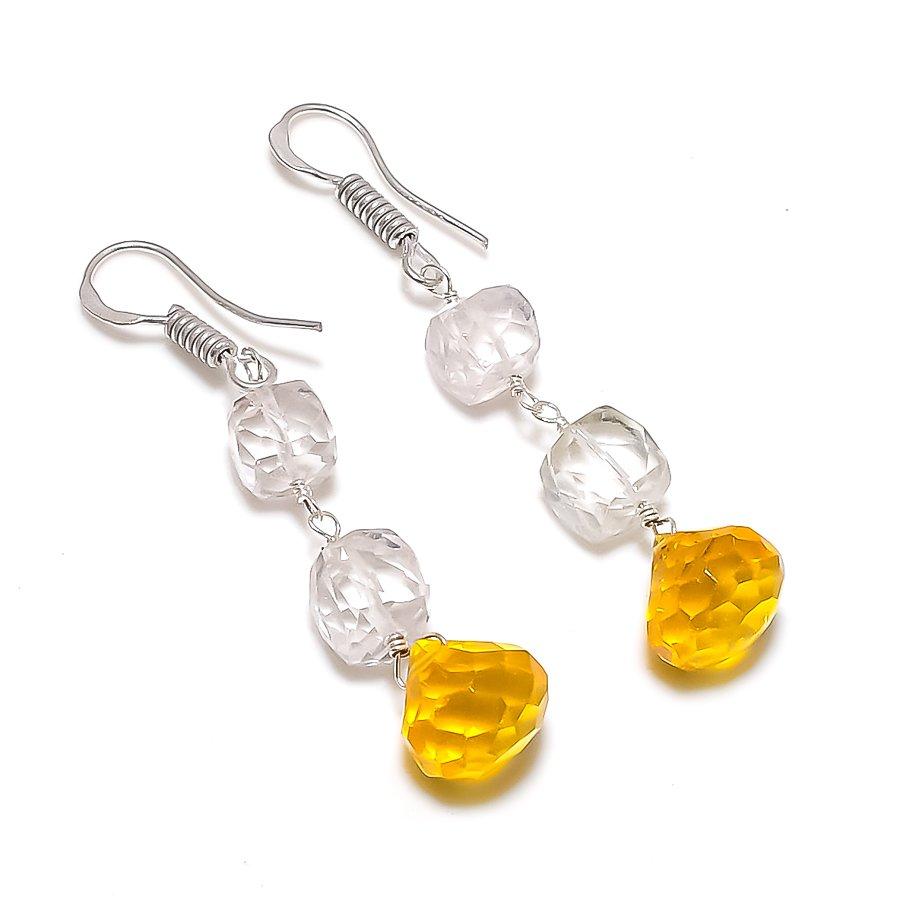 Citrine, White Topaz Gemstone 925 Sterling Silver Jewelry Earring 2.05" GK-5164