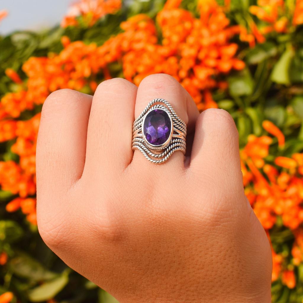 Amethyst Statement Ring: 925 Sterling Silver, Natural Gemstone